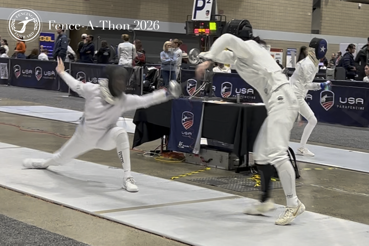 Fencing Forward athletes and families celebrating the success of the Fence-A-Thon fundraiser.